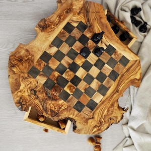Handmade Olive Wood Chess Set with Rough Edges – Personalized Gift for husband - Wooden Chess Set with storage. Beeswax included