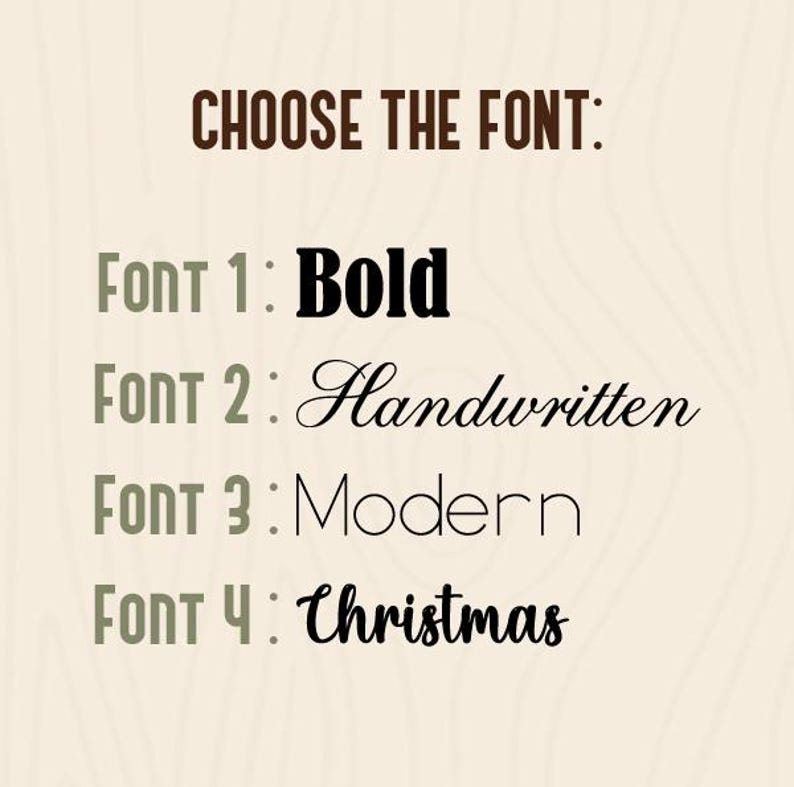 Puede incluir: Se muestran cuatro opciones de fuente: Negrita, Escritura a mano, Moderna y Navidad. Elige la fuente que prefieras para tu dise&ntilde;o.