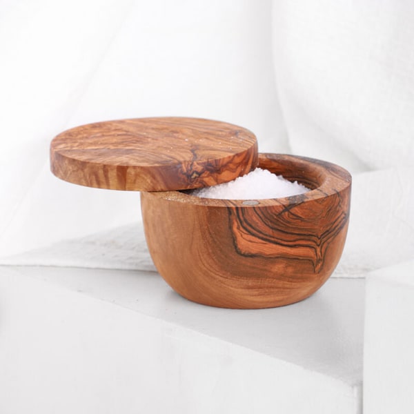 Salt Cellar with Lid Handmade Mediterranean Olive Wood