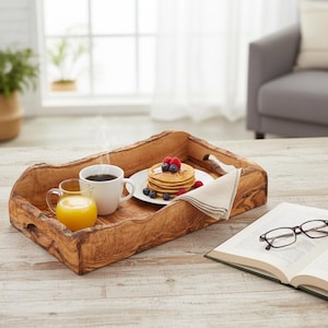 Handcrafted Olive Wood Tray with Handles | Rustic Wooden Serving Tray