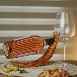 Crescent Bottle Holder | Bottle Holder Handmade from Olive Wood | Unique Wedding Anniversary Gifts for Couples + Organic Wood Beeswax)