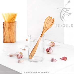 Wooden Kitchen Serving Fork - Nonstick Cookware Utensil handmade from Olive Wood + FREE BEESWAX