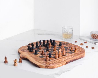 Handcrafted Olivewood Chess Board | Rustic Design with Raw Edges & Pieces | One-of-a-Kind Chessboard!