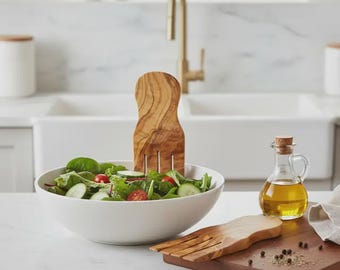 Personalized Olive Wood Salad Servers, Rustic Kitchen Utensils, Engraved Gift