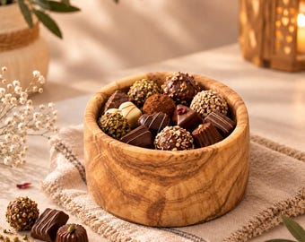 May include: A round wooden bowl filled with an assortment of chocolate truffles and candies. The chocolates vary in shape, including round, square, and heart-shaped pieces, with textures ranging from smooth to coated in nuts or cocoa powder.