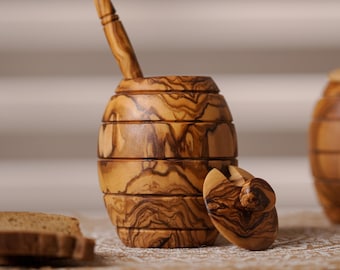 Handmade Olive Wood Honey Pot with Dipper | Rustic Kitchen Decor