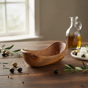 May include: A wooden olive bowl with a curved design. The bowl is light brown and sits on a wooden table. A glass bottle of olive oil, olives, and cheese are also on the table.