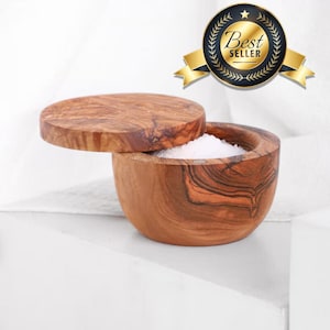 Handmade Olive Wood Salt Cellar with Lid - Rustic Spice Keeper & Kitchen Storage - Gift for Chefs - FREE PERSONALIZATION + SHIPPING