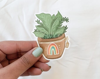 3x3 Boho Potted Plant with Rainbow Vinyl Sticker | Water Bottle Sticker | Laptop Sticker | Bullet Journal Sticker | Neutral Colored Sticker