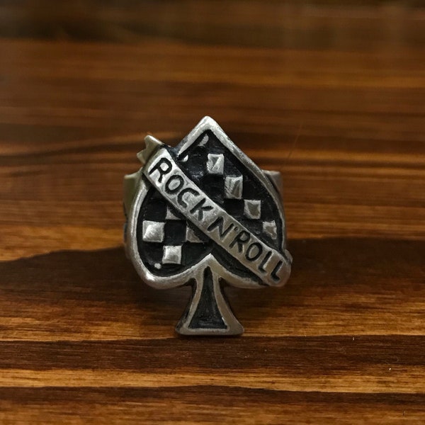 Ace of spades  silver ring with  rock n roll banner