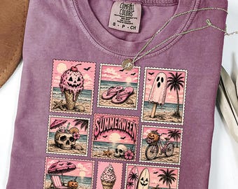 Camiseta cómoda de colores con estampado de fantasmas costeros rosas para vacaciones en la playa, camiseta retro con estampado de calabaza.