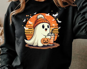 Halloween Ghost Sweatshirt, Ghost Coffee Sweater, Womens Halloween Sweater, Halloween Party Sweater, Pumpkin Ghost Sweater, Cute Fall Sweat