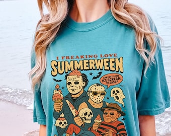 Comfort Color I Freaking Love Summerween Shirt, Halloween in Summer Tee, Funny Summer Ween Tshirt, Horror Characters Shirt,Spooky Summer Tee