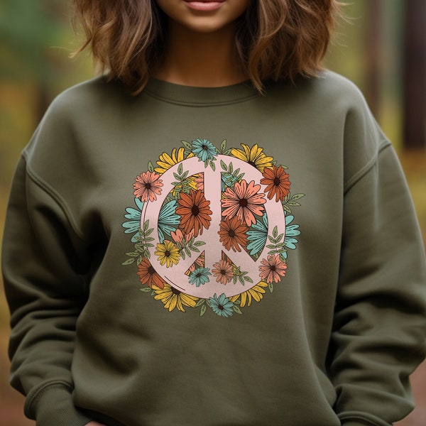 Hippie Peace Sign sweatshirt, Boho Peace Oversized sweatshirt, Floral Peace Symbol, Wildflowers T-sweatshirt, Graphic sweatshirtFor Women