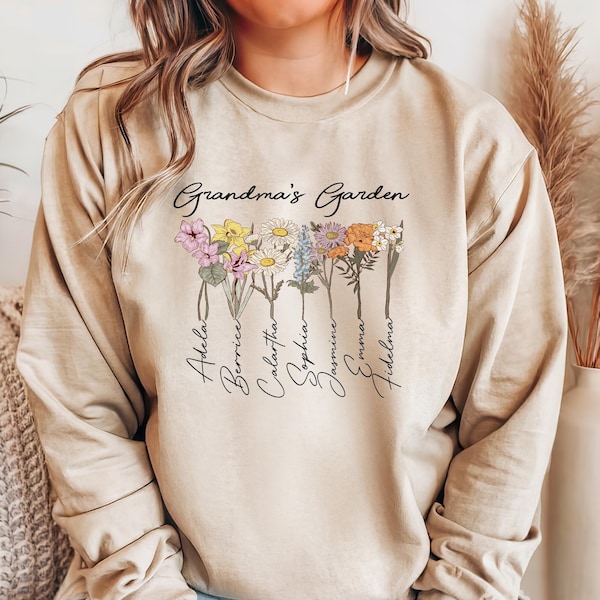 Grandma's Garden Sweatshirt, Custom Birthflower Sweatshirt, Gift for Grandma, Love Grows Here, Granny's Garden Sweater, New Grandma Gift