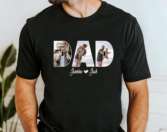 May include: Black t-shirt with a white "DAD" graphic featuring photos of a father with his children. The text "Jasmine ♥ Jack" is below the graphic.