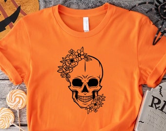 Halloween Skull Shirt, Floral Skull Tee, Skeleton Shirt, Halloween Tee, Skull Tee, Floral Skull Shirt
