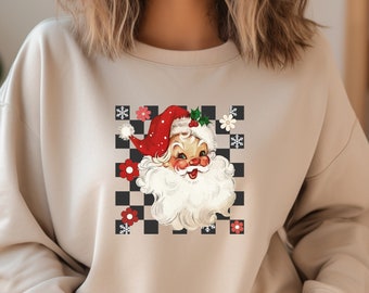 Checkered Santa Claus sweatshirt, Retro santa sweatshirt, Merry Christmas sweatshirt, Retro Christmas sweatshirt, Christmas sweatshirt,