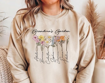 Grandma&#39;s Garden Sweatshirt, Custom Birthflower Sweatshirt, Gift for Grandma, Love Grows Here, Granny&#39;s Garden Sweater, New Grandma Gift