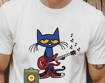 Pete the Cat Playing Guitar Graphic T-Shirt, Childhood Memories Tee, Cute Cartoon Character Apparel,   Legendary black aggressive cat