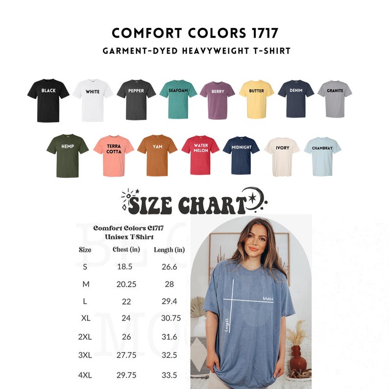 May include: A size chart for a unisex t-shirt made by Comfort Colors. The chart shows the chest and length measurements in inches for sizes S through 4XL. The chart is surrounded by a variety of colored t-shirts, each with a different color name.