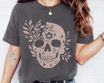 Comfort Color Floral Skeleton Shirt,Halloween Skeleton Shirt,Halloween Skull Shirt,Boho Spooky Tee,Large Skull with Flower Graphic Image Tee