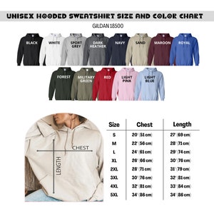 May include: Unisex hooded sweatshirt size and color chart with Gildan 18500 printed at the top. The chart shows 14 different colors of sweatshirts, including black, white, sport grey, dark heather, navy, sand, maroon, royal, forest, military green, red, light pink, and light blue. The chart also includes a size chart with measurements in inches and centimeters for chest and length.