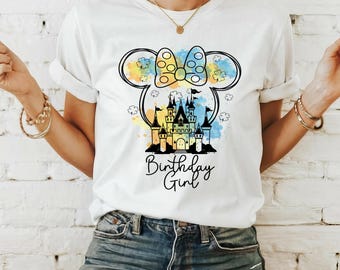 Watercolor Mickey Minnie Ears Castle Disney Birthday Shirt, Birthday Girl Shirt, WDW Disneyland Family Birthday Trip Tee, Birthday Boy Shirt