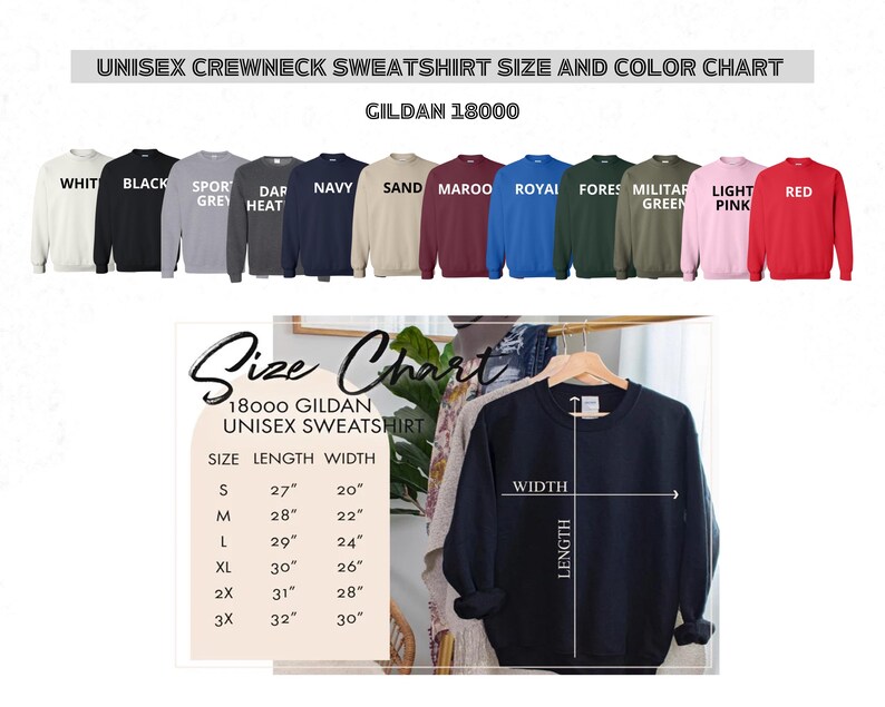 Peut inclure: Tableau des tailles et des couleurs pour sweat-shirt &agrave; col rond unisexe Gildan 18000. Le tableau pr&eacute;sente les diff&eacute;rentes tailles et couleurs disponibles, notamment blanc, noir, gris sport, chin&eacute; fonc&eacute;, marine, sable, bordeaux, royal, vert for&ecirc;t, vert militaire, rose clair et rouge. Le tableau comprend &eacute;galement un tableau des tailles avec des mesures en pouces pour la longueur et la largeur.