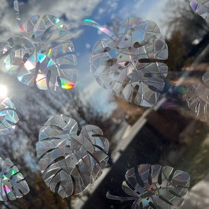 Monstera Leaves Window Cling Bling Holographic Rainbow Maker Sun Catcher Decal (set of 12)
