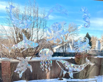 Creatures of the Sea Window Cling Bling  Holographic Rainbow Maker Sun Catcher ( Set of 9)