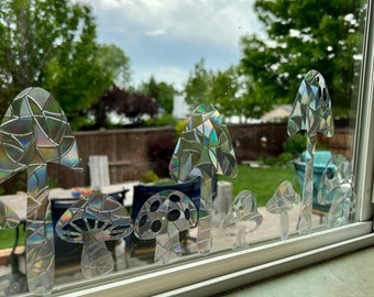 Mushroom Window Cling Bling Holographic Rainbow Maker Sun Catcher Decal (set of 12)