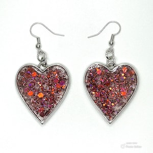 Sparkling Red Glitter Heart Earrings | Handmade UV Resin Metal Dangle Earrings | Valentine&#39;s Day Gift | Statement Jewelry | Chunky Glitter