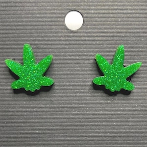 Green Glitter Leaf Stud Earrings | Handmade UV Resin Earrings | Stainless Steel Hypoallergenic Studs | Cannabis-Inspired Jewelry
