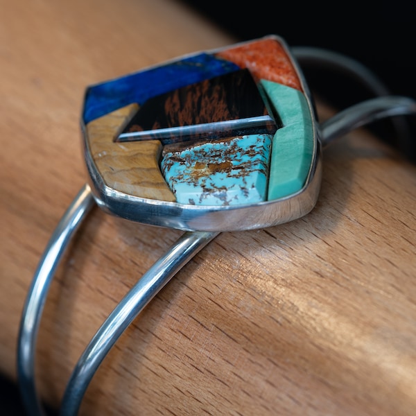 Sterling Silver Cuff Bracelet with Turquoise, Mahogany, Obsidian Patchwork