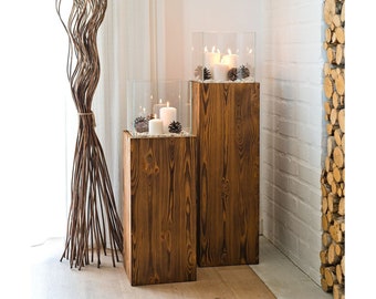 Windlicht Säule aus Holz und Glas – Rustikale Bodenlaterne 80 or 100 cm, Kerzenständer für Wohnzimmer, Balcony or Terrasse, Farbton Nuss