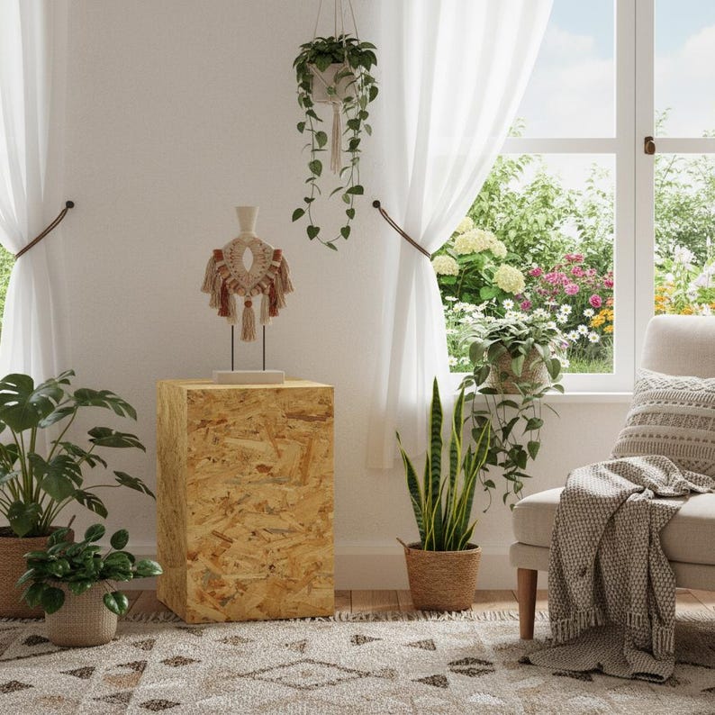 OSB-Dekosäule, Blumensäule Wohnzimmer, Blumenständer, Podest Deko, Pflanzenständer, Stabiler Sockel, Modernes Design - Rohes OSB 60x40x40 cm
