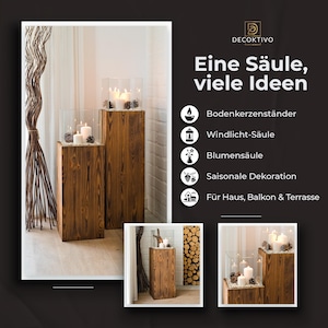 Windlicht Säule aus Holz und Glas – Rustikale Bodenlaterne 80 oder 100 cm, Kerzenständer für Wohnzimmer, Balkon oder Terrasse, Farbton Nuss bild 12