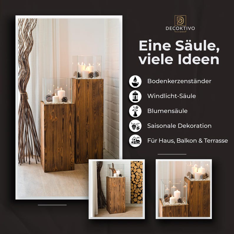 Windlicht Säule aus Holz und Glas – Rustikale Bodenlaterne 80 oder 100 cm, Kerzenständer für Wohnzimmer, Balkon oder Terrasse, Farbton Nuss bild 12
