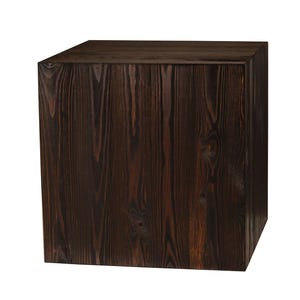 May include: A dark brown wooden cube with a smooth, textured surface. The cube is made of solid wood and has a natural, rustic look.