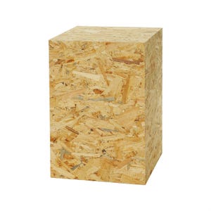 May include: A rectangular wooden block made of oriented strand board (OSB). The block is a light tan color with visible wood chips and adhesive. The edges are clean and the block is set against a white background.
