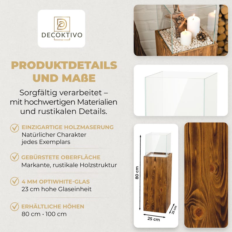 Windlicht Säule aus Holz und Glas – Rustikale Bodenlaterne 80 oder 100 cm, Kerzenständer für Wohnzimmer, Balkon oder Terrasse, Farbton Nuss bild 10
