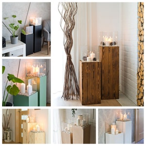 Windlicht Säule aus Holz und Glas – Rustikale Bodenlaterne 80 oder 100 cm, Kerzenständer für Wohnzimmer, Balkon oder Terrasse, Farbton Nuss bild 14