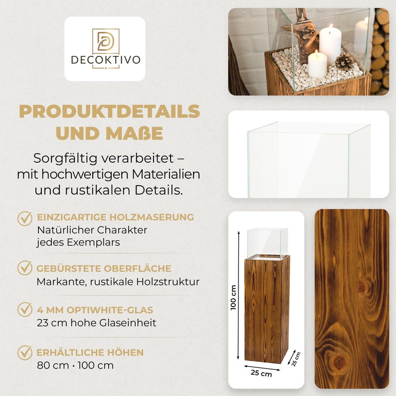 Windlicht Säule aus Holz und Glas – Rustikale Bodenlaterne 80 oder 100 cm, Kerzenständer für Wohnzimmer, Balkon oder Terrasse, Farbton Nuss bild 11