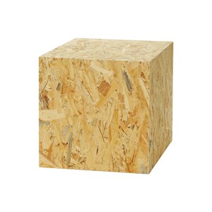 May include: A cube-shaped wooden block made from oriented strand board (OSB). The block is a light tan color with visible wood chips and a textured surface. The cube is a simple, modern design, suitable for various uses.