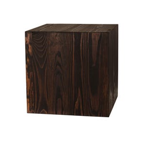 May include: A dark brown wooden cube, perfect for displaying items or as a decorative accent.