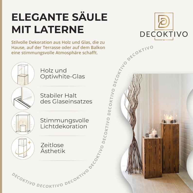 Windlicht Säule aus Holz und Glas – Rustikale Bodenlaterne 80 oder 100 cm, Kerzenständer für Wohnzimmer, Balkon oder Terrasse, Farbton Nuss bild 9