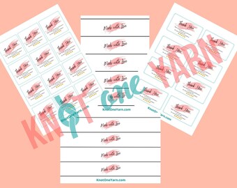 May include: Printable thank you tags with a pink watercolor design. The tags say "Thank You" and "Made with Love" and include the website KnotOneYarn.com.
