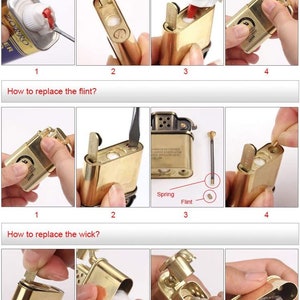 May include: A step-by-step guide on how to refill, replace the flint, and replace the wick of a vintage lighter. The images show the process of refilling the lighter with fluid, replacing the flint, and replacing the wick.