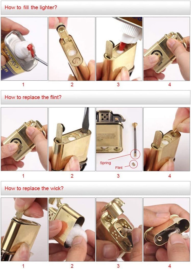 May include: A step-by-step guide on how to refill, replace the flint, and replace the wick of a vintage lighter. The images show the process of refilling the lighter with fluid, replacing the flint, and replacing the wick.